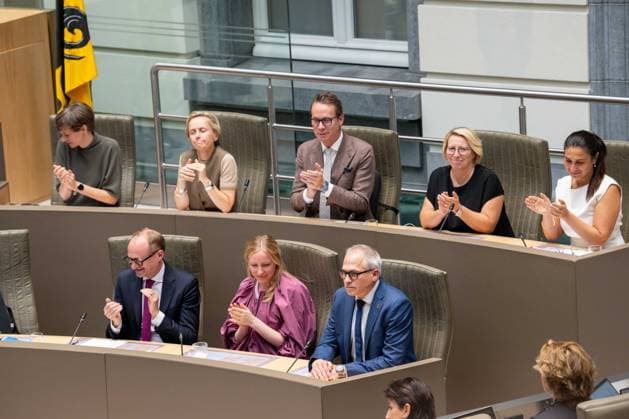 Flemish Minister for Brussels and Media Cieltje Van Achter; Flemish Minister for Mobility and Public Works Annick De Ridder; Flemish Minister for Agriculture and Environment Jo Brouns; Flemish Minister for Welfare and Culture Caroline Gennez; Flemish Minister for Education and Work Zuhal Demir; Flemish Minister for Finance and Budget Ben Weyts; Flemish Minister for Housing and Energy Melissa Depraetere and Flemish Minister-President Matthias Diependaele (top left to bottom right) are pictured during a plenary session of the Flemish Parliament to present the Septemberverklaring (September Declaration), Wednesday 30 September 2026, in Brussels. In this traditional speech the Flemish Minister-President presents the Government s policy plans  DIRKxWAEM 188339881