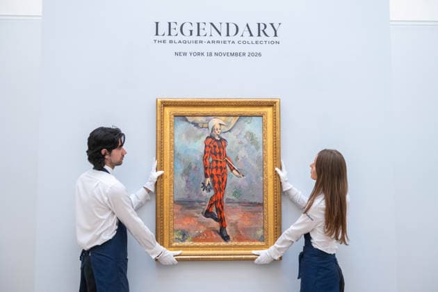 September 30, 2026, London, England, United Kingdom: Sotheby s staff hold Paul Cezanne Arlequin , estimated at around USD 120 million, during a preview of the Blaquier-Arrieta Collection at Sotheby s in London, Britain, September 30, 2026. The collection will be offered at auction in New York in November. London United Kingdom  - ZUMAk172 20260930_zip_k172_001 Copyright: xThomasxKrychx