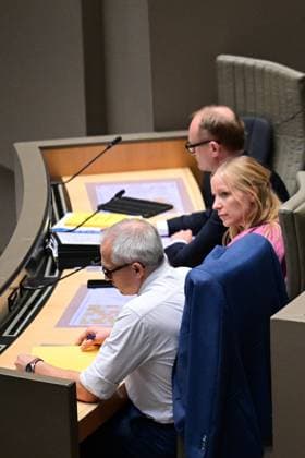 Flemish Minister-President Matthias Diependaele; Flemish Minister for Housing and Energy Melissa Depraetere and Flemish Minister for Finance and Budget Ben Weyts pictured during a plenary session of the Flemish Parliament to present the Septemberverklaring (September Declaration), Wednesday 30 September 2026, in Brussels. In this traditional speech the Flemish Minister-President presents the Government s policy plans for the year.  DIRKxWAEM 188340952