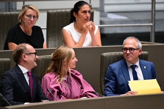 Flemish Minister for Welfare and Culture Caroline Gennez; Flemish Minister for Education and Work Zuhal Demir; Flemish Minister for Finance and Budget Ben Weyts; Flemish Minister for Housing and Energy Melissa Depraetere and Flemish Minister-President Matthias Diependaele pictured during a plenary session of the Flemish Parliament to present the Septemberverklaring (September Declaration), Wednesday 30 September 2026, in Brussels. In this traditional speech the Flemish Minister-President presents the Government s policy plans for the year.  DIRKxWAEM 188341471