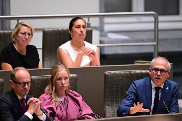 Flemish Minister for Welfare and Culture Caroline Gennez; Flemish Minister for Education and Work Zuhal Demir; Flemish Minister for Finance and Budget Ben Weyts; Flemish Minister for Housing and Energy Melissa Depraetere and Flemish Minister-President Matthias Diependaele pictured during a plenary session of the Flemish Parliament to present the Septemberverklaring (September Declaration), Wednesday 30 September 2026, in Brussels. In this traditional speech the Flemish Minister-President presents the Government s policy plans for the year.  DIRKxWAEM 188341478