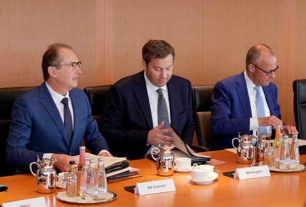 Alexander Dobrindt (CSU), Federal Minister of the Interior; Lars Klingbeil (SPD), Federal Minister of Finance, Vice Chancellor, and SPD Federal Chairman; and Federal Chancellor Friedrich Merz (CDU), Germany, Berlin, Federal Chancellery, At its 60th meeting on September 30, 2026, the Federal Cabinet will address, among other things, the Bundeswehr’s overseas deployments