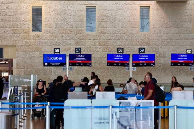 (260930) -- TEL AVIV, Sept. 30, 2026 -- This photo taken on Sept. 30, 2026 shows check-in desks of the Flydubai at the Ben Gurion International Airport near Tel Aviv, Israel. Israeli Prime Minister Benjamin Netanyahu said on Wednesday that a pilot aboard a Flydubai flight carrying mostly Israeli passengers stabbed the other pilot and apparently tried to crash the plane before passengers and crew subdued him. ) ISRAEL-TEL AVIV-BEN GURION INT L AIRPORT-FLYDUBAI FLIGHT-STABBING JamalxAwad 