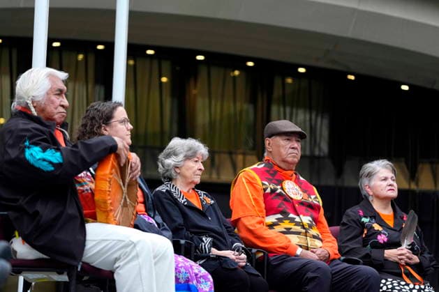 September 30, 2026, Ottawa, On, CAN: Gov. Gen. Louise Arbour, centre, sits with Keith Chiefmoon, left, Minister of Crown-Indigenous Relations Rebecca Alty, Eugene Arcand and Elder Claudette Commanda, during the re-raising of the Survivor s Flag ceremony on Parliament Hill in Ottawa, on National Day for Truth and Reconciliation, Wednesday, Sept. 30, 2026. Ottawa CAN - ZUMAc35_ 20260930_zaf_c35_012 Copyright: xJustinxTangx