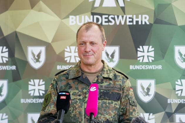 Celle, Germany, Europe: Brigadier General Dr. Volker Bauersachs, General of the Army Aviation Corps, General of Army Flight Operations, and Commander of the Helicopter Command, delivers a press statement to media representatives during the Army Aviation Corps’ demonstration event. Copyright: xAymanxAlahmedx
