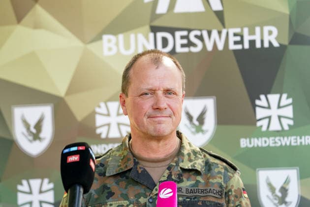 Celle, Germany, Europe: Brigadier General Dr. Volker Bauersachs, General of the Army Aviation Corps, General of Army Flight Operations, and Commander of the Helicopter Command, delivers a press statement to media representatives during the Army Aviation Corps’ demonstration event. Copyright: xAymanxAlahmedx