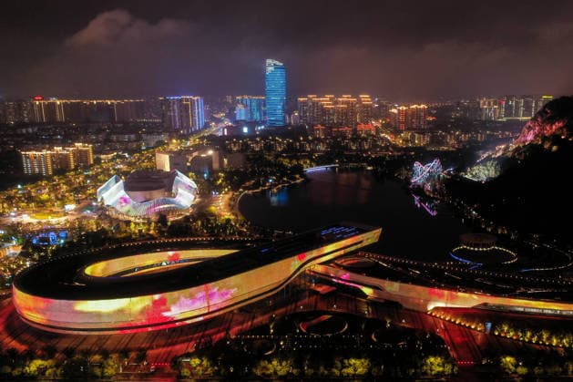 SUZHOU, CHINA - SEPTEMBER 30: A light show illuminates the night sky at Shishan Cultural Plaza to celebrate the upcoming National Day on September 30, 2026 in Suzhou, Jiangsu Province of China. The event features colorful lantern displays and lighting effects.  Copyright: xVCGx 111670786821