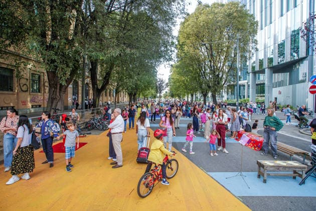 IPA89147147 - MILAN, September 30, 2026 - Inauguration of the new school plaza a pedestrian-friendly space at the corner of Via Gattamealta and Via Faravelli, in front of the Pietro Micca Elementary School.  Copyright: xEmanuelexRobertoxDexCarlix xx IPA89147147