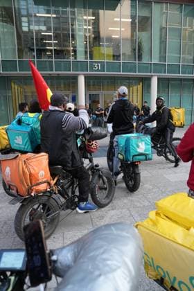 RECORD DATE NOT STATED IPA89147130 - Milan, September 30, 2026: a rally and subsequent march by delivery riders. The protest is organized by the Unione Sindacale di Base (USB) together with workers from delivery platforms to protest the piecework system and demand greater protections. Pictured: the protest in front of 31 Via Pirelli  Copyright: xx xx IPA89147130.jpeg