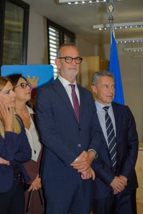 IPA89148114 - Turin: Inauguration ceremony for the new Immigration Office headquarters at the Sacro Volto, provided by the Curia. Pictured here are the Central Director of the Immigration Office and Border Police, Prefect Claudio Galzerano; Raffaella Fontana, Head of the Immigration Office; Turin Police Chief Massimo Gambino; and Marco Gilli, President of the Compagnia di San Paolo Foundation.  Copyright: xCOSTANTINOxSERGIx xCOSTANTINOxSERGIx IPA89148114