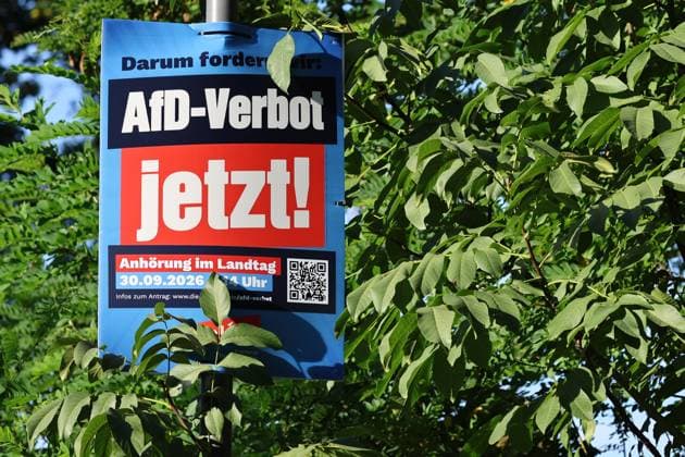 Thuringian State Parliament Justice Committee, September 30, 2026, Erfurt, Thuringian State Parliament, Justice Committee, Oral Hearing on the Motion by The Left Party to Initiate Proceedings to Ban the AfD; Pictured: Poster reading Ban the AfD Now in front of the State Parliament