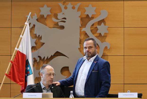 Thuringian State Parliament, Judicial Committee, September 30, 2026, Erfurt, Thuringian State Parliament, Justice Committee, Oral Hearing on the Motion by The Left Party to Initiate Proceedings to Ban the AfD. Pictured: Chairman Ringo Muehlmann (AfD) and Torsten Czuppon (AfD)