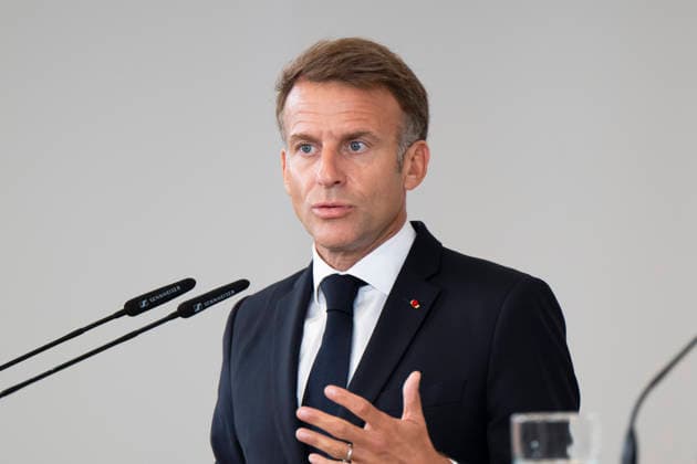 September 30, 2026, Madrid, Spain: President of the French Republic Emmanuel Macron meets with Spanish Prime Minister Pedro Sanchez (not in view) during a joint press conference at the Moncloa Palace in Madrid. Madrid Spain - ZUMAs197 20260930_aaa_s197_121 Copyright: xAtilanoxGarciax