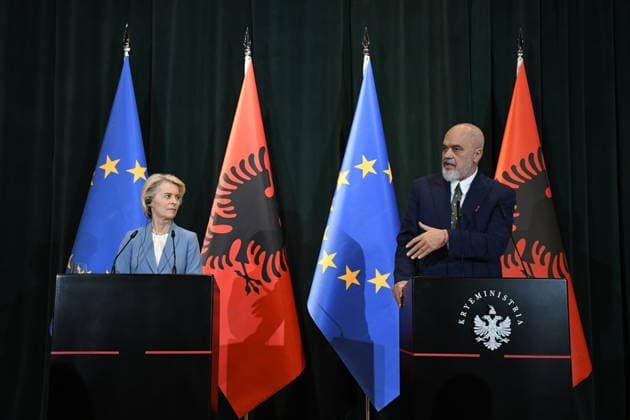 European Commission President Ursula von der Leyen in Tirana TIRANA, ALBANIA - SEPTEMBER 30: European Commission President Ursula von der Leyen (L) and Albanian Prime Minister Edi Rama (R) hold a joint press conference during von der Leyen s visit to Tirana as part of her Western Balkans tour in Tirana, Albania, on September 30, 2026. Olsi Shehu Anadolu Tirana Albania. Editorial use only. Please get in touch for any other usage.  Copyright: x2026xAnadoluxOlsixShehux