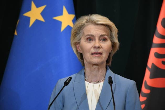 European Commission President Ursula von der Leyen in Tirana TIRANA, ALBANIA - SEPTEMBER 30: European Commission President Ursula von der Leyen and Albanian Prime Minister Edi Rama (not seen) hold a joint press conference during von der Leyen s visit to Tirana as part of her Western Balkans tour in Tirana, Albania, on September 30, 2026. Olsi Shehu Anadolu Tirana Albania. Editorial use only. Please get in touch for any other usage.  Copyright: x2026xAnadoluxOlsixShehux
