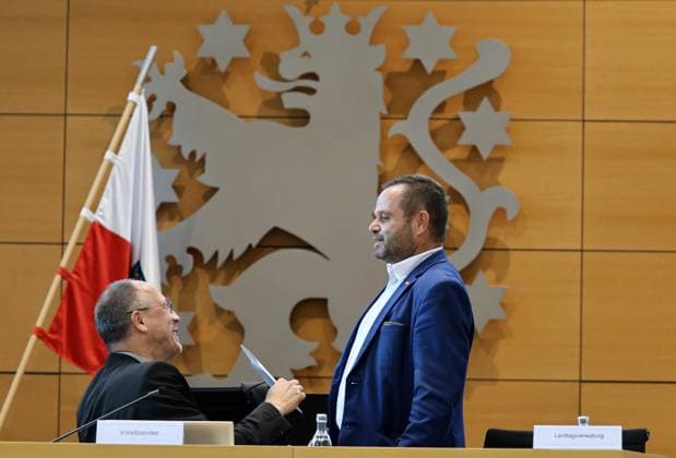 Thuringian State Parliament, Judicial Committee, September 30, 2026, Erfurt, Thuringian State Parliament, Justice Committee, Oral Hearing on the Motion by The Left Party to Initiate Proceedings to Ban the AfD. Pictured: Chairman Ringo Muehlmann (AfD) and Torsten Czuppon (AfD)