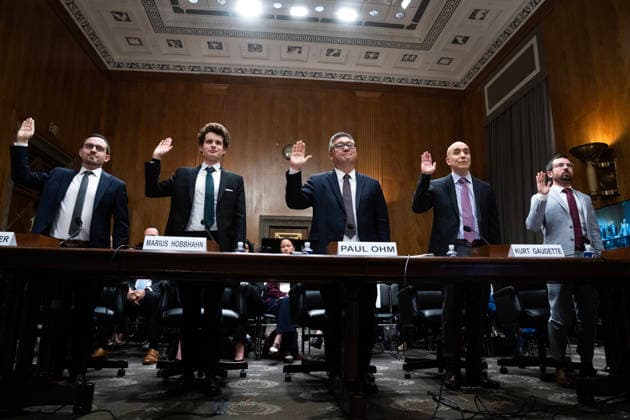 Rogue AI Hearing UNITED STATES - SEPTEMBER 30: From left, Chris Painter, president of the Model Evaluation and Threat Research, Marius Hobbhahn, CEO of Apollo Research, Paul Ohm, professor of law at the Georgetown University Law Center, Kurt Gaudette, senior vice president of Dragos, and Daniel Kokotajlo, executive director of the AI Futures Project, are sworn in to the Senate Homeland Security and Governmental Affairs Subcommittee on Disaster Management, District of Columbia, and Census hearing titled Rogue AI: Securing the Homeland Against AI Agent Attacks, in Dirksen Senate Office Building on Wednesday, September 30, 2026. (Tom Williams CQ Roll Call) Washington DC United States EDITORIAL USE ONLY Copyright: x2026xCQ-RollxCall,xInc.x TomxWilliamsx rollcallpix173098