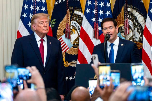 Secretary of State Marco Rubio speaks as President Donald Trump hosts a Hispanic Heritage Month celebration in the East Room of the White House in Washington, DC on Wednesday, September 30, 2026.  WAP20260930311 BONNIExCASH
