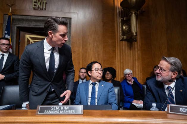 Rogue AI Hearing UNITED STATES - SEPTEMBER 30: From left, Chairman Josh Hawley, R-Mo., ranking member Sen. Andy Kim, D-N.J., and Sen. Gary Peters, D-Mich., arrive for the Senate Homeland Security and Governmental Affairs Subcommittee on Disaster Management, District of Columbia, and Census hearing titled Rogue AI: Securing the Homeland Against AI Agent Attacks, in Dirksen Senate Office Building on Wednesday, September 30, 2026. (Tom Williams CQ Roll Call) Washington DC United States EDITORIAL USE ONLY Copyright: x2026xCQ-RollxCall,xInc.x TomxWilliamsx rollcallpix173107
