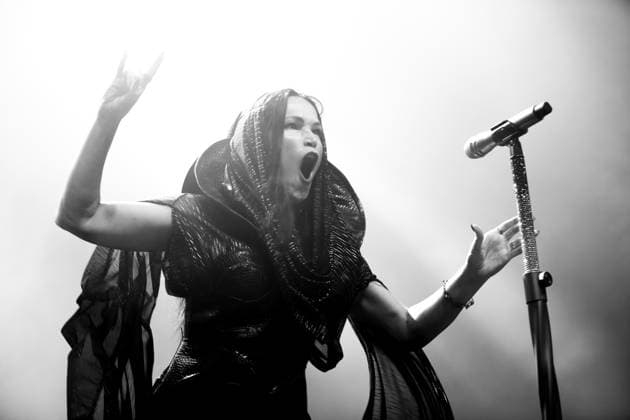 Tarja Turunen, also known as Tarja, at a concert at Huxleys Neue Welt in Berlin, September 30, 2026. Photo converted to black and white. Tarja Concert Berlin