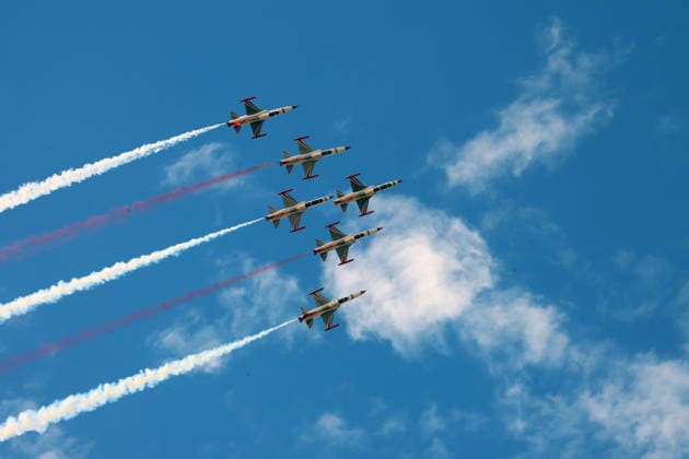 (261001) -- SANLIURFA, Oct. 1, 2026 -- The Turkish Stars aerobatic team performs a demonstration flight during an air show at T¨¹rkiye s aerospace and technology festival TEKNOFEST Southeast in Sanliurfa, T¨¹rkiye, on Sept. 30, 2026. ( Handout via Xinhua) T?RKIYE-SANLIURFA-TEKNOFEST SOUTHEAST MustafaxKaya 