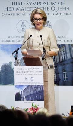 Queen Mathilde of Belgium delivers a speech at a visit to the third Her Majesty the Queen s Symposium , entitled AI in the healthcare sector , organized by the Royal Academies of Medicine of Belgium in the Palace of the Academies in Brussels, Thursday 1 October 2026.  BENOITxDOPPAGNE 188424922