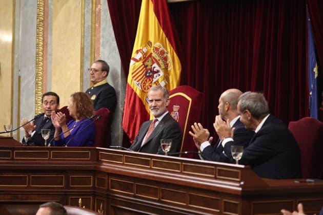 Opening of the 12th Ibero-American Parliamentary Forum at the Congress: José Manuel Albares, Minister of Foreign Affairs, the European Union, and Cooperation; Francina Armengol, President of the Congress; King Felipe VI; Pedro Rollán, President of the Senate; and the Ibero-American Secretary General, Andrés Allamand, during the 12th Ibero-American Parliamentary Forum at the Congress of Deputies on October 1, 2026, in Madrid, Spain. The meeting brings together Ibero-American parliamentarians to address the challenges of AI, democracy, gender equality, and parliamentary diplomacy. OCTOBER 1, 2026, Madrid, Spain  Copyright: xEduardoxParrax 7811896