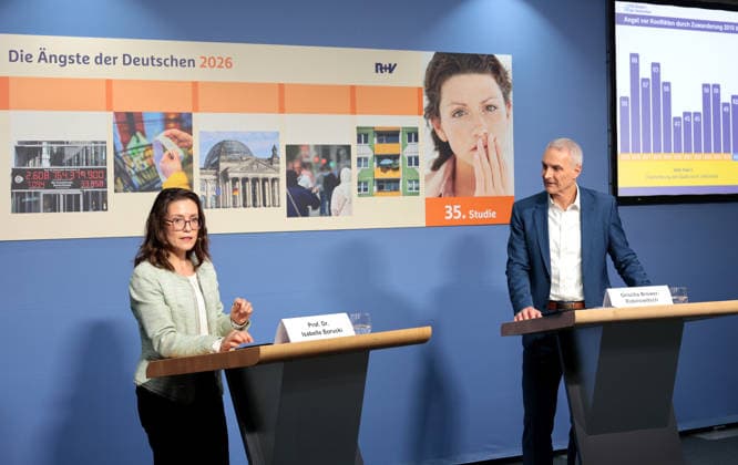 Prof. Dr. Isabelle Borucki, political scientist at Philipps University of Marburg and consultant for the study; Grischa Brower Rabinowitsch, director of the study *The Fears of Germans 2026* for R V Versicherung; press conference on the presentation of the study *The Fears of Germans 2026*, Berlin, October 1, 2026