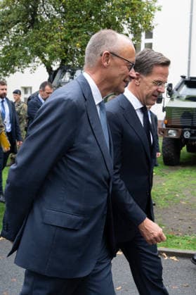 Visit by the German-Dutch Corps with Chancellor Merz: Chancellor Friedrich Merz and NATO Secretary General Mark Ruette together after the military honors rendered by the 1st German-Dutch Corps, Münster, October 1, 2026, Münster, North Rhine-Westphalia, Germany