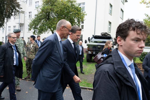 Visit by the German-Dutch Corps with Chancellor Merz: Chancellor Friedrich Merz together with NATO Secretary General Mark Ruette after the military honors rendered by the 1st German-Dutch Corps, Münster, October 1, 2026, Münster, North Rhine-Westphalia, Germany