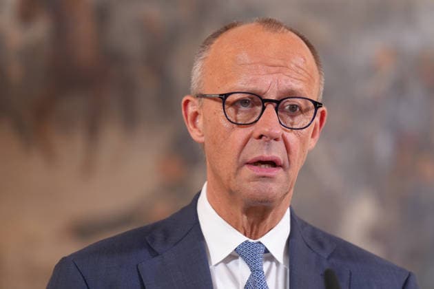 Visit to the German-Dutch Corps with Chancellor Merz: A portrait of Chancellor Friedrich Merz at the press conference following his visit to the 1st German-Dutch Corps, Münster, October 1, 2026