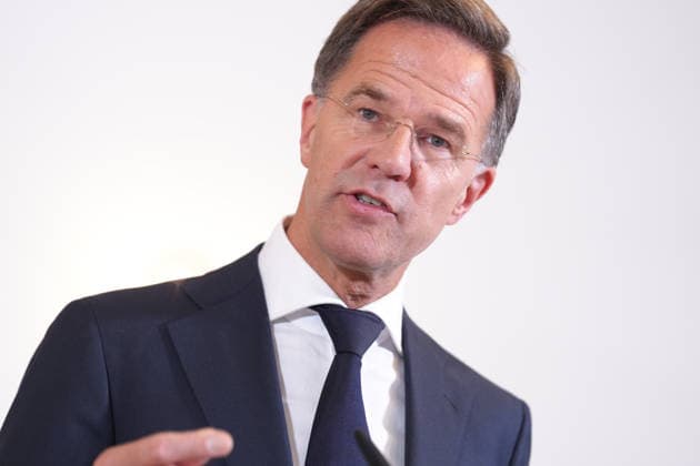 Visit by the German-Dutch Corps with Federal Chancellor Merz; a portrait of NATO Secretary General Mark Ruette gesturing during the press conference following the visit to the 1st German-Dutch Corps, Münster, October 1, 2026, Münster, North Rhine-Westphalia, Germany