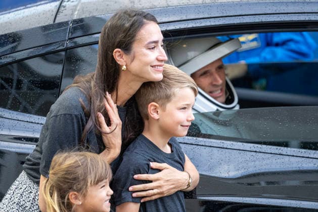 Canadian Astronaut Joshua Kutryk sits inside a walkout vehicle as he wife Heather poses with their children as he and the other NASA Crew-13 team ready to board a Dragon Spacecraft atop a SpaceX Falcon 9 rocket on SLC-40 at Kennedy Space Center, Florida on Thursday, October 1, 2026. They are on their way to the International Space Station.  KSC2026100106 PATxBENIC