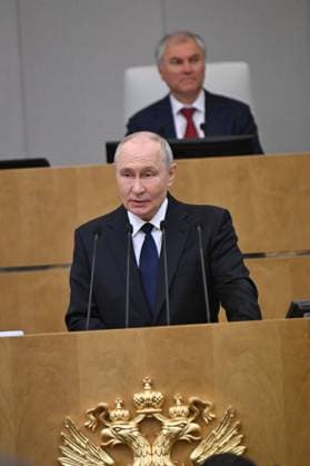 Moscow. The first session of the State Duma of the Russian Federation of the ninth convocation. Russian President Vladimir Putin speaks at the session. KomsomolskayaxPravda