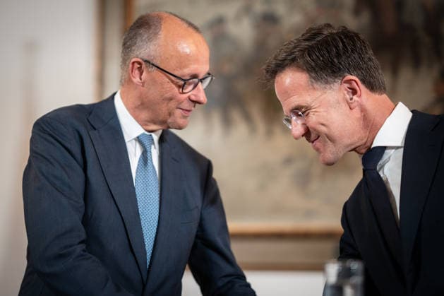 Friedrich Merz, Chancellor of Germany, with Mark Rutte, NATO Secretary General (from left), during the closing remarks at a meeting between the German Chancellor, the Prime Minister of the Netherlands, and the NATO Secretary General at the 1st German-Dutch Corps in Münster, Münster, North Rhine-Westphalia, Germany; German-Dutch Corps