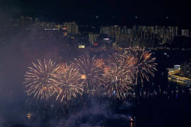 RECORD DATE NOT STATED China s National Day Fireworks In Hong Kong Fireworks exploding over Victoria Harbor on October 1, 2026 in Hong Kong. Today is the China s National Day. (Photo by Kobe Li Nexpher Images) Hong Kong
