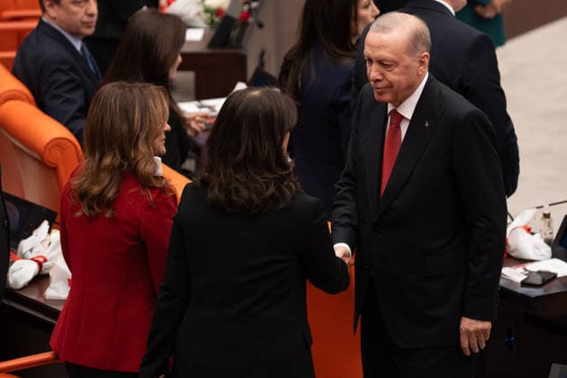 Opening Event of the 5th Legislative Year of the 28th Term of the Grand National Assembly of Turkiye ANKARA, TURKIYE - OCTOBER 1: Turkish President Recep Tayyip Erdogan shakes hands with DEM Party Group Deputy Chairman Pervin Buldan following his address to the General Assembly on the occasion of the opening of the 5th Legislative Year of the 28th Term at the Grand National Assembly of Turkiye (GNAT) in Ankara, Turkiye on October 1, 2026. Ahmet Serdar Eser Anadolu Ankara Turkey. Editorial use only. Please get in touch for any other usage.  Copyright: x2026xAnadoluxAhmetxSerdarxEserx