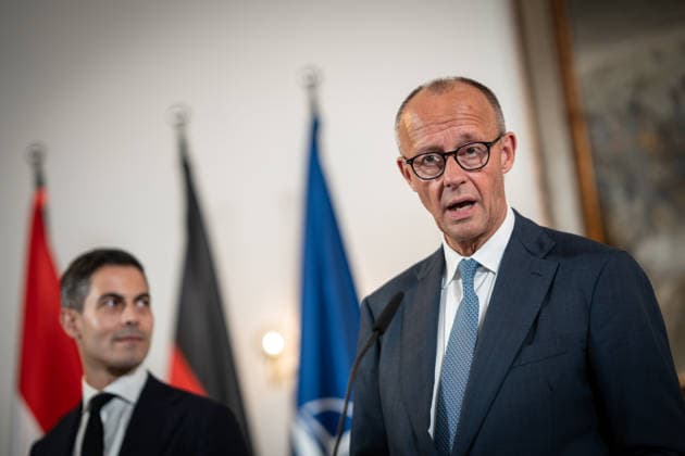 Friedrich Merz, Chancellor of Germany, with Rob Jetten, Prime Minister of the Netherlands (left), during the closing remarks at the meeting between the Chancellor, the Prime Minister of the Netherlands, and the NATO Secretary General at the 1st German-Dutch Corps in Münster, Münster, North Rhine-Westphalia, Germany; German-Dutch Corps