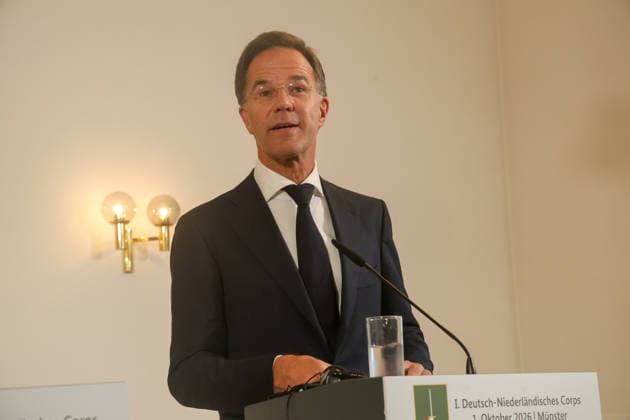 Meeting between the German Chancellor, the Prime Minister of the Netherlands, and the NATO Secretary General at the 1st German-Dutch Corps 20261001rw244 Press conference with Mark Rutte and the NATO Secretary General Münster, North Rhine-Westphalia, DEU, Germany, October 1, 2026, Münster, North Rhine-Westphalia, Germany Copyright: xRUEDIGERxWÖLKx