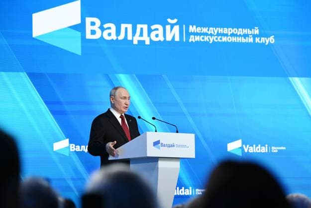 Russia Putin Valdai Discussion Club 9255513 01.10.2026 Russian President Vladimir Putin delivers a speech during a plenary session of the 23rd annual meeting of the Valdai International Discussion Club in Istra, Moscow Region, Russia. Kristina Solovyova Sputnik Moscow Russia  Copyright: xKristinaxSolovyovax