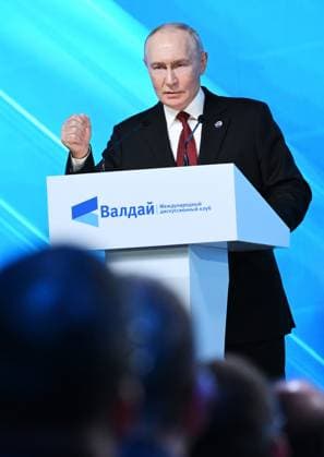 Russia Putin Valdai Discussion Club 9255537 01.10.2026 Russian President Vladimir Putin delivers a speech during a plenary session of the 23rd annual meeting of the Valdai International Discussion Club in Istra, Moscow Region, Russia. Kristina Solovyova Sputnik Moscow Russia  Copyright: xKristinaxSolovyovax