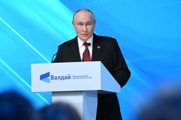 Russia Putin Valdai Discussion Club 9255538 01.10.2026 Russian President Vladimir Putin delivers a speech during a plenary session of the 23rd annual meeting of the Valdai International Discussion Club in Istra, Moscow Region, Russia. Kristina Solovyova Sputnik Moscow Russia  Copyright: xKristinaxSolovyovax