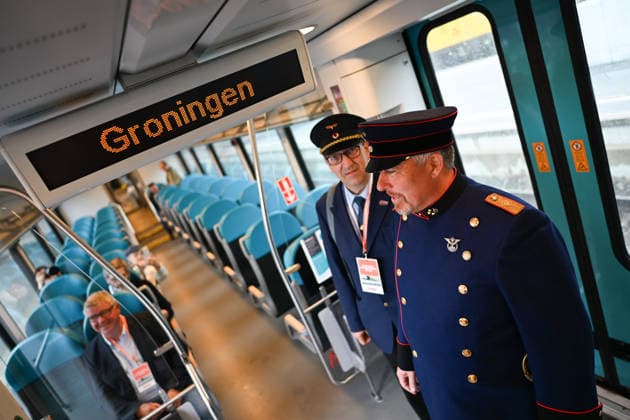 Leer–Groningen Rail Line; Wunderline Begins Service; Groningen Appears on the Train’s Display For more than ten years, the cross-border train service between Leer in East Frisia and Groningen in the Netherlands had been suspended. Weener, Lower Saxony, Germany Copyright: xdiebildwerftx