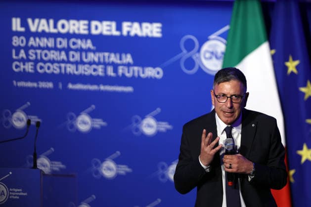 IPA89184567 - Rome, Italy October 1, 2026 CNA President Dario Costantini during his speech. Celebrations marking the 80th anniversary of the CNA are taking place at the Auditorium Antonianum. Prime Minister Giorgia Meloni is scheduled to attend the event at 5:00 p.m. for a gathering dedicated to the world of Italian crafts and small and medium-sized enterprises.  Copyright: xmarcoxiacobuccix xmarcoxiacobuccix IPA89184567