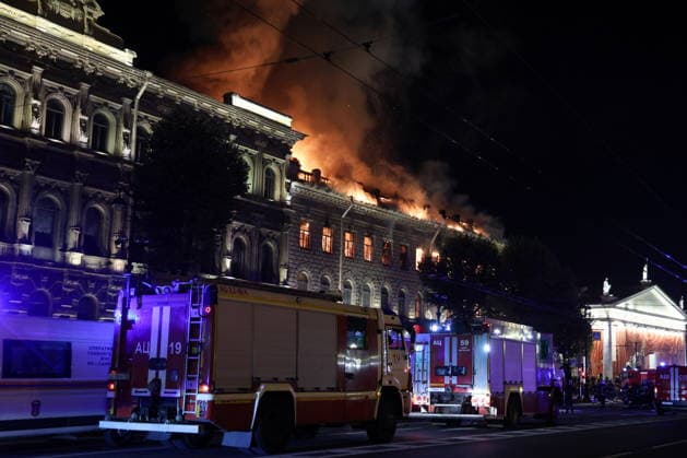 RUSSIA, ST PETERSBURG - OCTOBER 1, 2026: Emergency service vehicles at the scene of a fire at the Miller Manions in St Isaac s Square. Valentin Yegorshin TASS  98632133