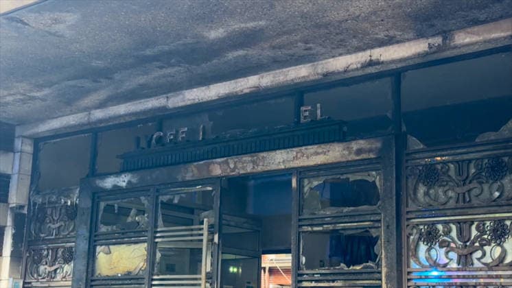 School Facade Burned During Student Blockade - Paris Videograbs - Firefighters work at the scene following an early morning blaze that damaged the facade of Gaston-Bachelard High School in the 13th arrondissement. The incident occurred as nationwide student blockades forced the closure of more than 400 high schools amid mounting political and security tensions. Paris, France, October 2, 2026. Photo by CLPRESS ABACAPRESS.COM Paris Ile-de-France France  Copyright: xCLPRESS ABACAx
