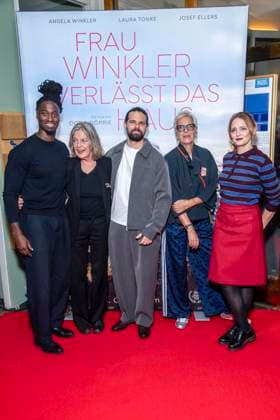 ABB FRAUWINKLER: Eugene Boateng, Angela Winkler, Josef Ellers, Doris Doerrie, and Laura Tonke on the red carpet at the special screening of the feature film *Frau Winkler Leaves the House* at Cinema Paris in Berlin on October 1, 2026, Berlin, Germany