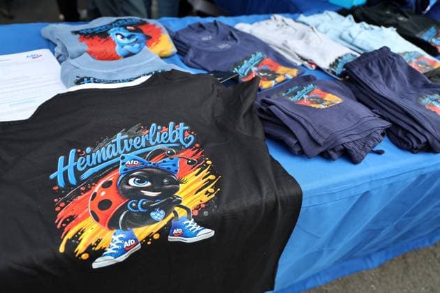 Enjoying a bratwurst with Haseloff and Chrupalla on October 1, 2026, in Doellstaedt, at an AfD event held at Kiesling Roofing, Enjoying a bratwurst with State Parliament Representative Daniel Haseloff (AfD) and AfD Federal Spokesperson Tino Chrupalla; pictured are AfD merchandise items at a booth from the AfD Fan Shop, including