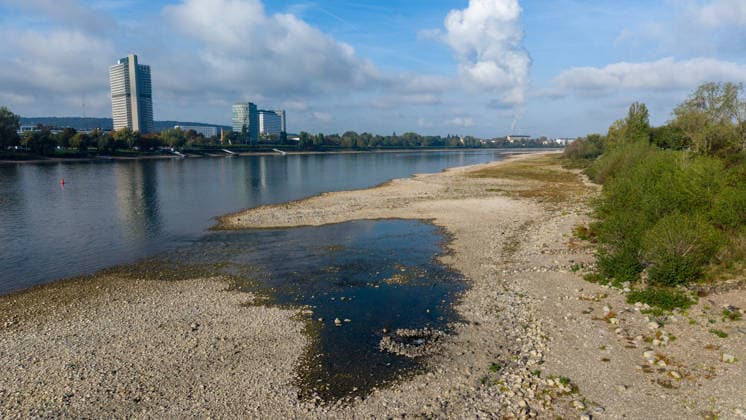 Low Water Levels Expose the Banks of the Rhine in Bonn Ramersdorf Bonn, October 2, 2026 Dried-up riverbank area of the Rhine in Bonn Ramersdorf Due to persistently low water levels, large sections of the riverbank—which are normally covered by the Rhine—are now v