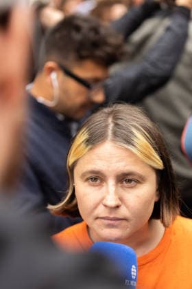October 2, 2026, Madrid, Madrid, SPAIN: The spokeswoman for the Tenants Union, VALERIA RACU, on the outskirts of the Congress of Deputies while the session is being held to approve or reject the Maricarmen decrees that intervene in the housing market. The Union maintains a camp with more than 1,200 stores in Puerta del Sol after an investment fund evicted the 87-year-old woman to put the apartment she paid for 70 years for tourist rental. Madrid SPAIN - ZUMAl221 20261002_zip_l221_027 Copyright: xIgnacioxLopezxIsasmendix